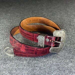 Leegin Silver Creek Collection Floral Silver Buckle Belt Brown Leather Sz 32 USA